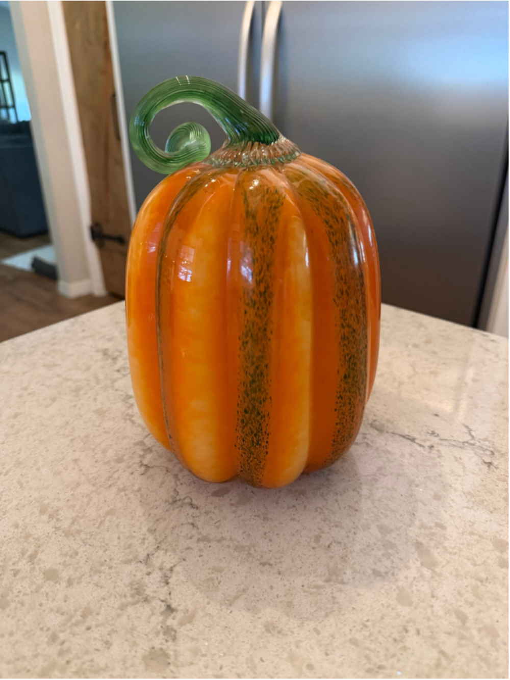 NEW Handblown Glass Pumpkin Figurine Speckled Orange & Green Curled Stem Fall